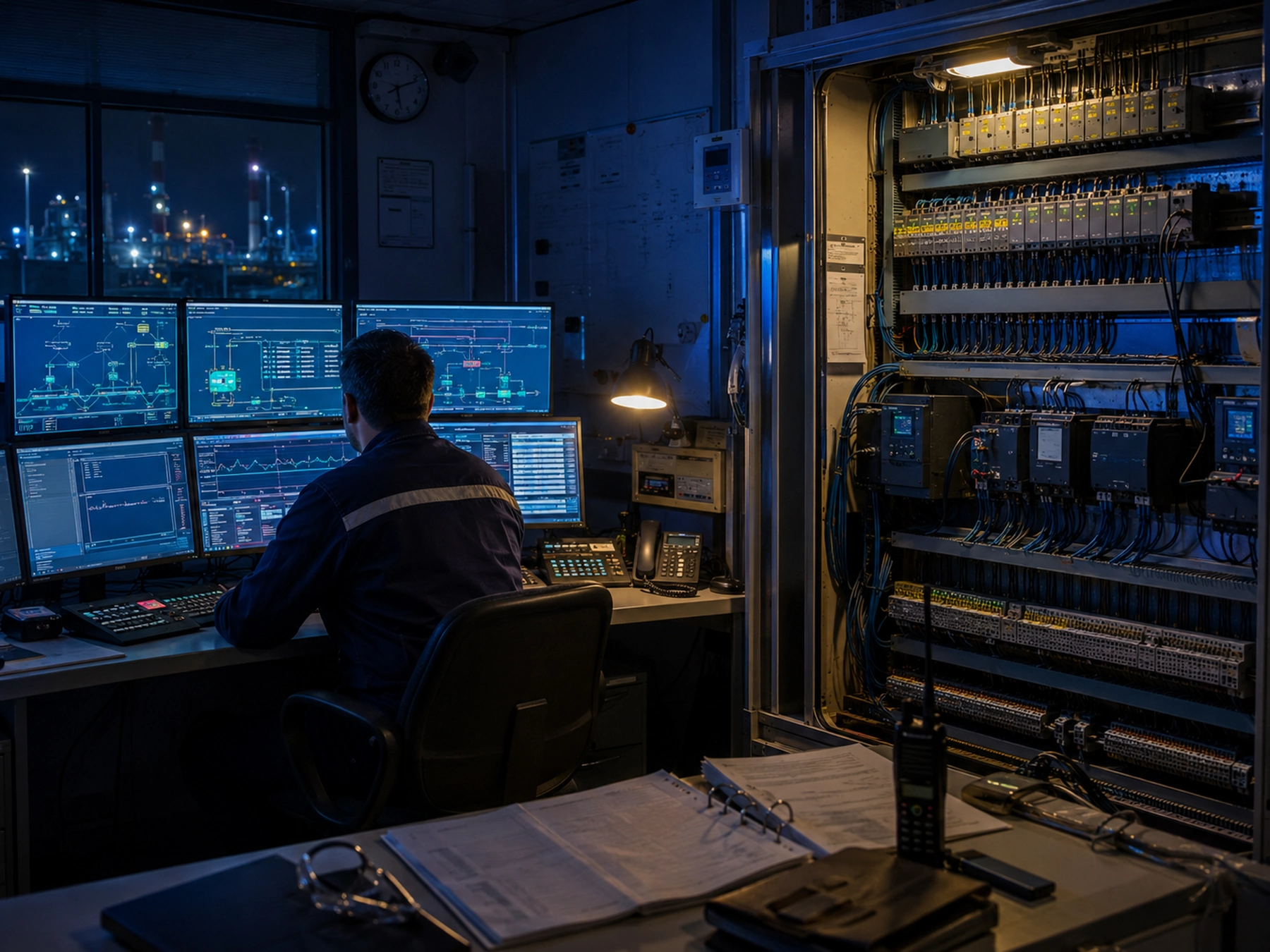 A night-shift operator at a control desk, SCADA schematics across the screens and a marshalling cabinet of relays and wiring alongside.